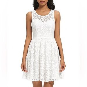 BCX Lace Fit & Flare Mini Dress Off White Ivory Keyhole Pearl Back Formal Party
